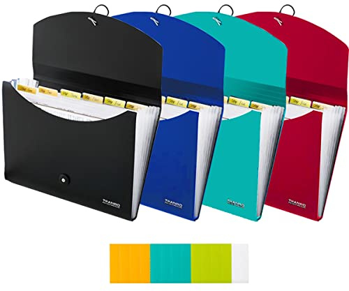 4-pack expanderande filmapp med 7 fickor, TRANBO A4 dragspelsfilorganiserare med indexflikar, expanderbar dokumentorganiserare i plast för affärsresor, skola, kontor, hem
