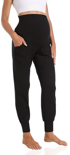 Foucome - Pantaloni premaman da donna per gravidanza, joggers over bump, pantaloni sportivi elasticizzati da allenamento e tempo libero con tasche, Nero , L