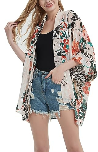 Kimono da donna con stampa floreale, in chiffon trasparente, ampio, blusa, Leopardo Fiori-bianco, One Size Plus Tall