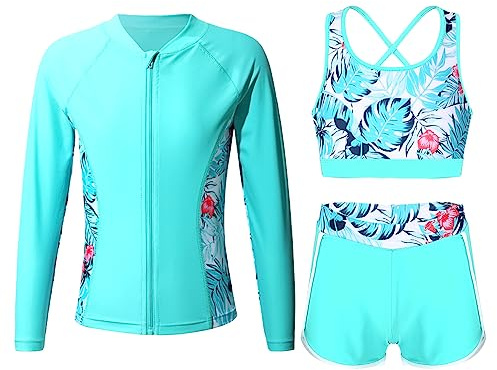 dPois Anti UV Enfant Fille Maillot de Bain 3 Pièces T-Shirt Rashguard Manche Longue Débardeur Short de Plage Sport Natation Tankini Ado Vacances 7-16 Ans A Feuille 15-16 Ans