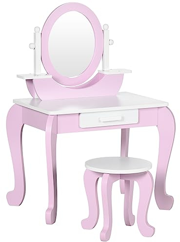 ZONEKIZ Set Toeletta Trucco per Bambini, Tavolino da Trucco con Specchi e Sgabello per Bambini, Età 3-6 Anni, Rosa