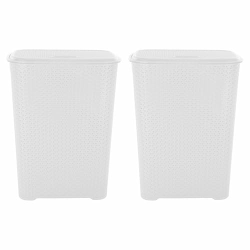 [SET OF 2] - 65L Large Plastic Laundry Baskets with Hinged Lid, Drop-All Knit Design, Hamper Basket For Washing, Laundry Storage Bin with Integral Handles for Laundry Room, Bathroom, Bedroom - [WHITE]