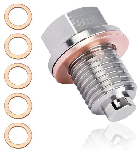 Magnetic Oil Drain Plug M14x1.5 with 5 Copper Crush Washers – Stainless Steel Oil Sump Drain Plug Bolt – Practical Car Magnetic Bolts for Engine, Gearbox, Differential – For Mechanics & DIYers