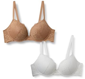 Amazon Essentials Reggiseno Push-up Imbottito, con Ferretto, in Pizzo Integrale Elasticizzato Donna, Pacco da 2, Bianco/Bronzo Lavato, 2E