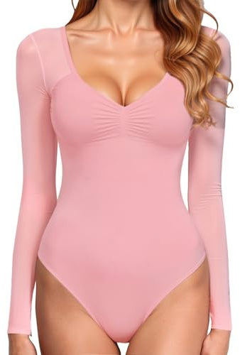 GJY Dam bodysuit, sexig V-ringad långärmad mesh rygglös kroppsformande tröja, ett stycke kostym, lämplig för att gå ut, Söt rosa, S