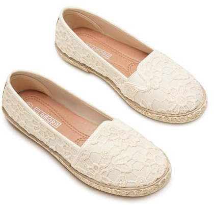 GLAMORA Alpargatas de Encaje con Suela de Esparto, Zapatos Planos Mujer Tipo Bailarinas Manoletinas Cómodas Slip On, Calzado Verano Ligero Transpirable Punta Redonda beige-40