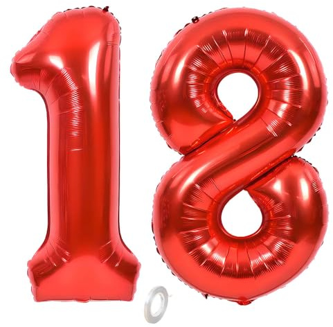 Balorise 40 Pouces Aluminium Ballon Géant Rouge Chiffre 18/81, Gonflable Hélium, Grand Numéro 0-9, 10-100 (101cm), Décoration de Foil Ballons pour Fête d'anniversaire et Mariage