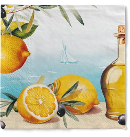 Mank Serviette Olives & Lemons, hochwertige 3-lagige Papierservietten aus Tissue, Einweg Servietten perfekt für Hochzeiten, Geburtstage oder andere Anlässe, Zitrone Oliven 100 Stück (40 x 40 cm)