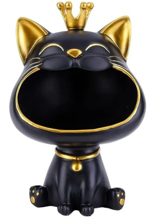 Moaobooh Figura de gato de la suerte, escultura de almacenamiento para el hogar, sala de estar para la entrada, gato sonriente, caja de almacenamiento, caja decorativa de almacenamiento (negro)