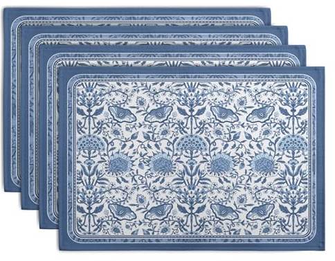 Blue Floral Boho Placemats Set of 4, 12x18 Inch Vintage Chinoiserie Block Print Place Mats Seasonal Spring Summer Rustic Farmhouse Table Mats for Party Kitchen Dining Outdoor Indoor Decor