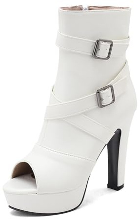 Generico Donna Peep Toe Cinturino Incrociato Stivaletti Doppia Fibbia Tacco Alto Grosso Plateau Stivaletti Cerniera Posteriore Serata Prom,Bianca,36 EU