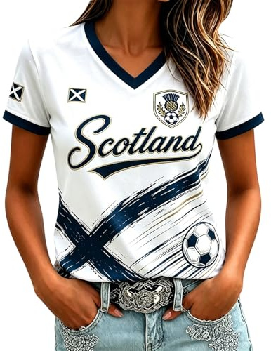 Skottland fotboll toppar kvinnor 2026 VM skjortor grafiska tryckta sport träningströjor lätt andningsbar England fotboll skjorta kortärmad v-hals damer fotboll t-shirt Skottland tröjor, 05#vit, XL