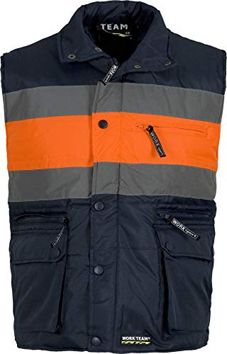 WORKTEAM Chaleco Acolchado Alta Visibilidad Oxford, Multibolsillos con Cremalleras, Cintas reflectantes, EPI Cat II Unisex Marino+Naranja A.V-S