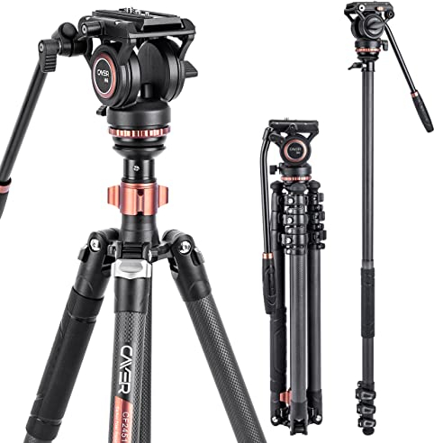 Cayer CF2451 67 Zoll Kohlefaser-Videostativ mit Fluid Drag Head, kompaktes 4-teiliges DSLR-Stativ, umwandelbar in Einbeinstativ, für Canon Nikon Sony DSLR-Kamera