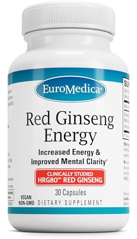 EuroMedica Red Ginseng Energy - Supplement to Support Healthy Energy & Focus - Herbal Supplement with Korean Red Ginseng Root Powder - Vegan Tablets to Aid Healthy Endurance - 30 Capsules