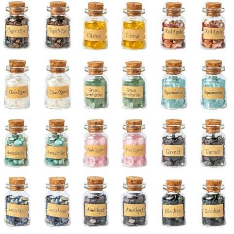 KHOCOEE 24 Gemstone Bottles Chip Crystals and Healing Stone, Chakra Healing Crystals Bottles, Wicca Gem Stones Set, Witchcraft Crystals
