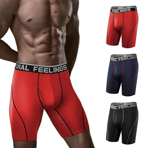Natural Feelings Long Mens Underwear Boxers Performance Sports Dry Fit 9inch Long Leg Boxer Shorts Men A1:black Blue Red Pack of 3, L