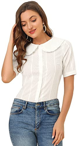 Allegra K Women's Peter Pan Collar Swiss Dots Short Sleeves Button Front Shirt Blouse Medium Beige