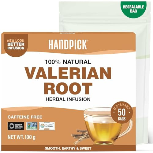 HANDPICK, Valerian Root Tea Bags (Valeriana) 50 Count | Non-GMO, Caffeine Free, Real Ingredients | Earthy/Woody Herbal Tea Bags | Round Tea Bags