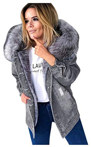 BOTCAM Chaqueta de invierno para mujer con forro cálido, chaqueta vaquera, chaqueta vaquera, chaqueta de mezclilla ligera con capucha de piel, chaqueta deportiva para exterior, sudadera con capucha