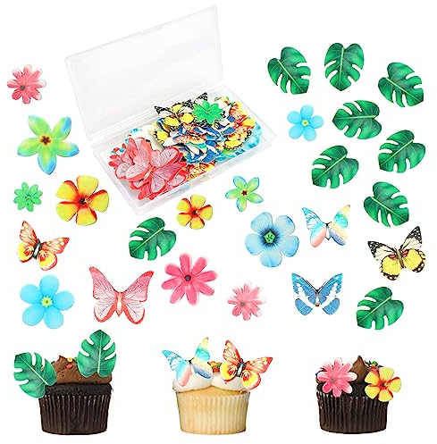 148 PCS Cupcake Toppers, Cupcake Decorations Toppers with 48 PCS Tropical Leaves + 50 PCS Flowers + 50 PCS Butterfly, Jungle Themed Hawaiian Cake Toppers for Birthday Wedding Party Food Decorations