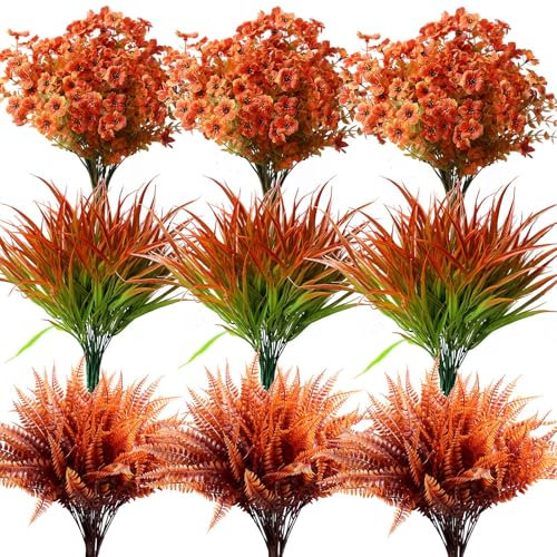 18PCS Outdoor Autumn Artificial Fall Flowers Plants Mums Decorations, Look Real Fake Fall Flowers Grass Ferns Arrangements, UV Resistant Outside Faux Fall Greenery for Pot Garden Window Box Patio Home