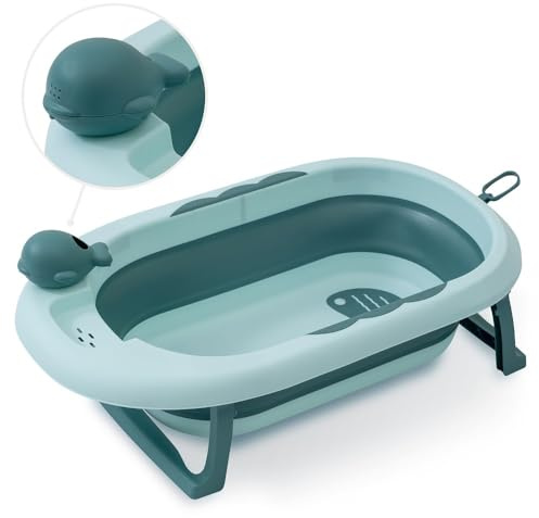 Interbaby Bañera Plegable Bebé con Patas y Taza de enjuague | Bañera Bebe Plegable Portatil Antideslizante, Tapón de Desagüe, Cómoda| Desde Recién Nacido hasta 2 Años | Verde