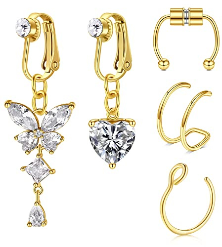 Mayhoop 2 Piezas Piercing Ombligo Clip On Anillo de Ombligo Falso Acero Quirúrgico con CZ 3 Piezas Piercing de Nariz Falso no Pierce Joyería