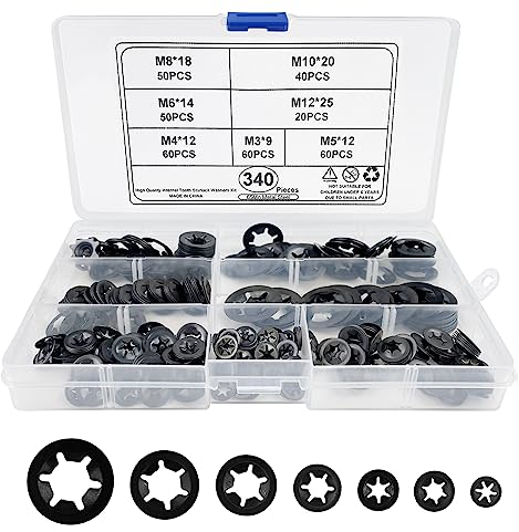 Fousenuk 340 piezas Arandelas Metalicas Bloqueo, Arandelas Starlock de Dientes Internos M3 M4 M5 M6 M8 M10 M12 Velocidad Clip Rápida Sujetad Arandelas de Seguridad de Estrella