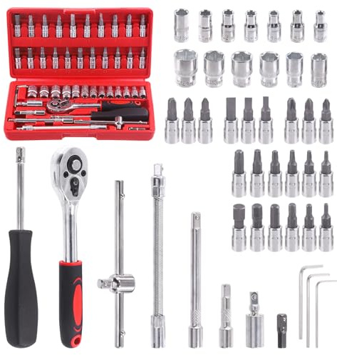Swpeet Juego de 46 llaves de trinquete de 1/4 pulgadas y enchufe de broca con kit surtido de estuche de almacenamiento, barra métrica y de extensión para reparación de automóviles y hogar