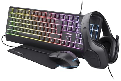 Trust Gaming GXT 792 Quadrox Pack 4-in-1 Clavier et Souris Gamer Filaires, AZERTY Français, Casque Léger avec Micro, Tapis de Souris, Kit Gaming RGB pour PC, Ordinateur Portable - Noir