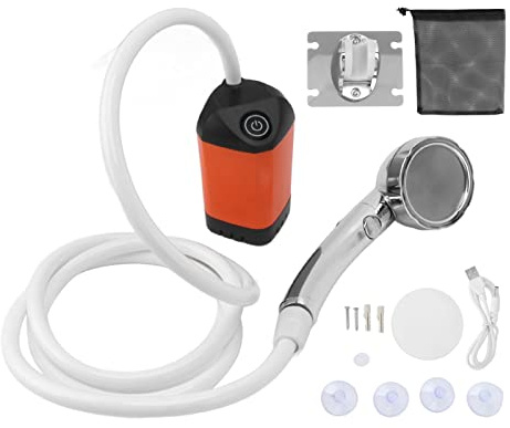 Camp Shower Pump, Portable Shower Camping Shower 3 Gears Adjustable Outdoor Camp Shower Pump Electric Rechargeable Portable Camping Hiking Shower (Orange)
