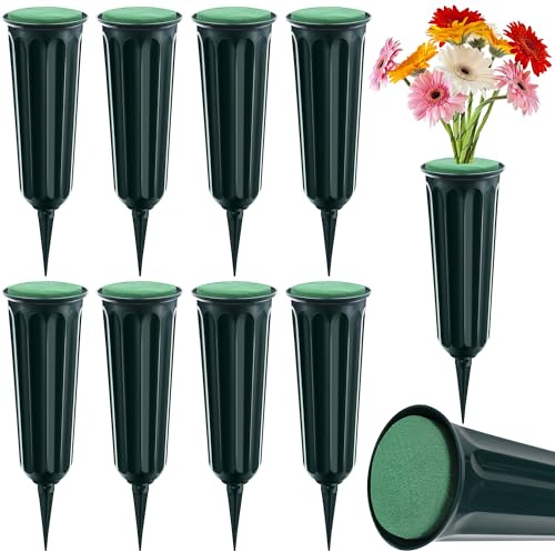 Hahood 8 Pack Memorial Cemetery Vases with Spikes and Floral Foam Set Memorial Floral Ground Vases with Stakes Flower Holder for Cemetery Cone Vase for Flowers Grave Lawn Memorial Garden Decorations