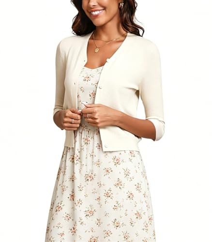 Gilet Court Femme Veste Boléro Bouton Manche 3/4 Cardigan Tricot pour Robe T Shirt Bretelle Soirée Fête Décontracté Chic Elégante