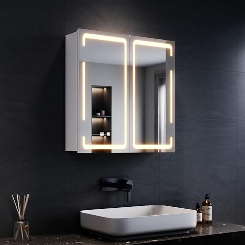 SONNI LED Spiegelschrank Bad 59x60 cm mit Steckdose, Kabellose Scharniere