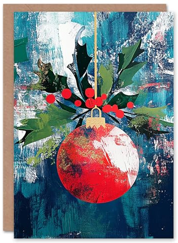 Artery8 Single Hanging Red Bauble Ornament Holly Painting Blank For Him Or Her Art Christmas Card