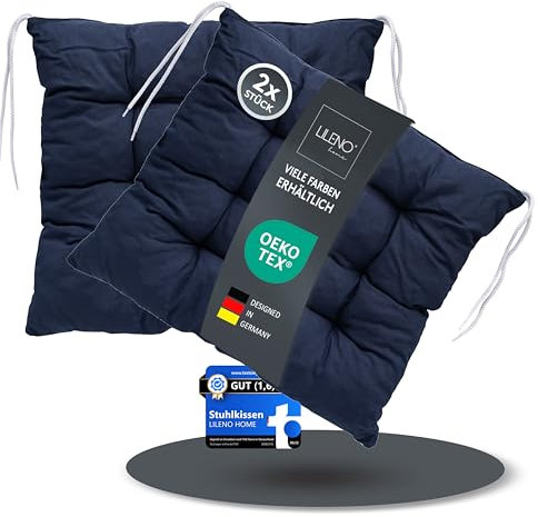 LILENO HOME 2er Set Wende Stuhlkissen Dunkelblau (40x40x6 cm) - Streifen Sitzkissen für Gartenstuhl, Küche oder Esszimmerstuhl - Indoor u. Outdoor Stuhlauflage als Stuhl Kissen (Linda FUM)