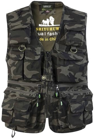 SUSHIMIAN Chaleco de Pesca con Múltiples Bolsillo para Hombre Chaleco Tip Safari Chaqueta Sin Mangas de Caza Chaleco de Fotografía, Camuflaje Verde, S