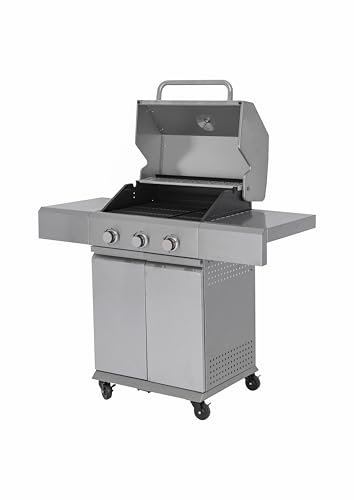 aro Barbecue a Gas con 3 Bruciatori, Acciaio/Acciaio Inox, 9 kW, Tavolini Laterali, Coperchio con Termometro, Accensione Elettrica, Ruote, Argento