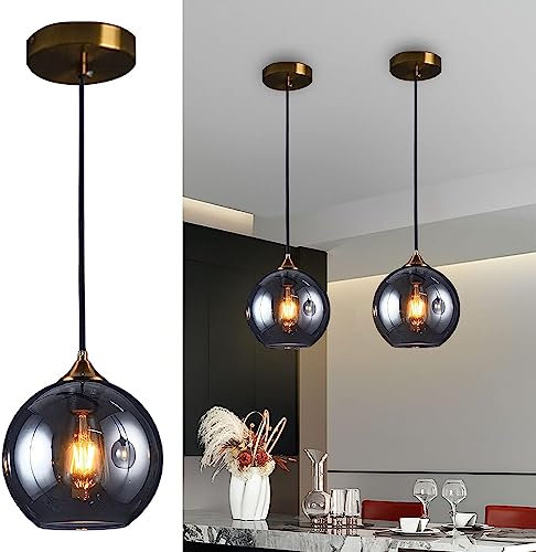 Lampes suspendues pour îlot de Cuisine, Boule de Verre fumé Noir Moderne, plafonnier Suspendu en Verre ambré chromé, Lustre Industriel Vintage pour Salle à Manger, Restaurant, Bar,