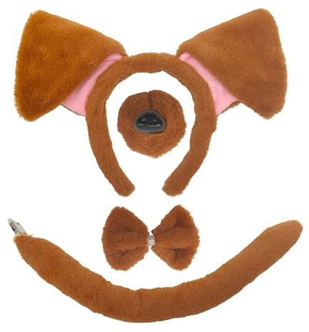 TUONYIS 4 st set med hundvalpöron, pannband, fluga, falsk nässvans, tax hundset, floppy lurvig djurkostym tillbehör för barn vuxna, halloweentemafest