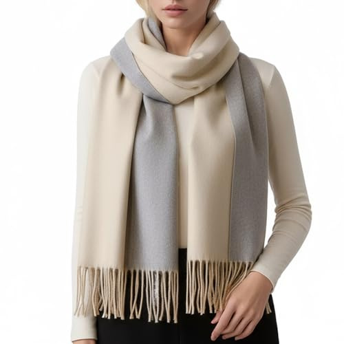 PFLife Bufanda de Lana para Mujer 200×70 cm Tacto de Cachemira Suave y Cálido Chal de Invierno Reversible con Flecos Caja de Regalo (Blanco y gris)