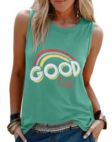 heekpek Camiseta Sin Mangas Mujer Estampada Camisetas Tirantes Casual Cuello Redondo Basica Tops Verano, Verde Goodvibes, M