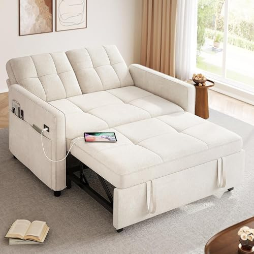 DWVO 3 in 1 Convertible Sleeper Sofa Bed, 55 Pull Out Sofa Bed with Adjustable Backrest and USB, Velvet Futon Couch with Side Pockets for Living Room, Beige
