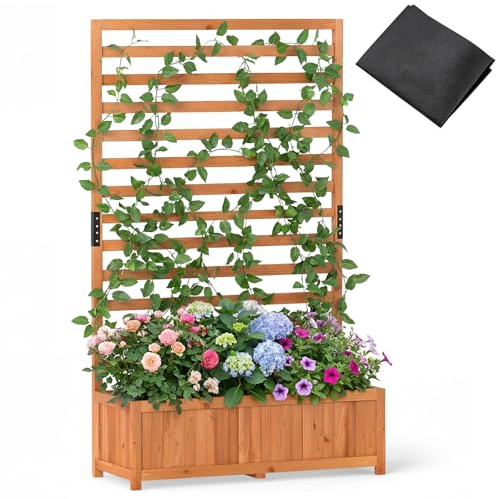 COSTWAY Wooden Planter with Trellis, Raised Garden Bed with Liner, Drainage Design & Removable Bottom Panels, Outdoor Trough Planter Box for Climbing Plants Vines (Orange, 90 x 35 x 150cm)