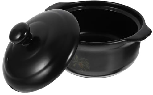 DINHEAROM Olla de Cerámica Gruesa de 1,6l Tapa Negra, Resistente a Altas Temperaturas para Estofado y Sopa, Cazuela para Cocina de Gas Adecuado para 1-2 Personas