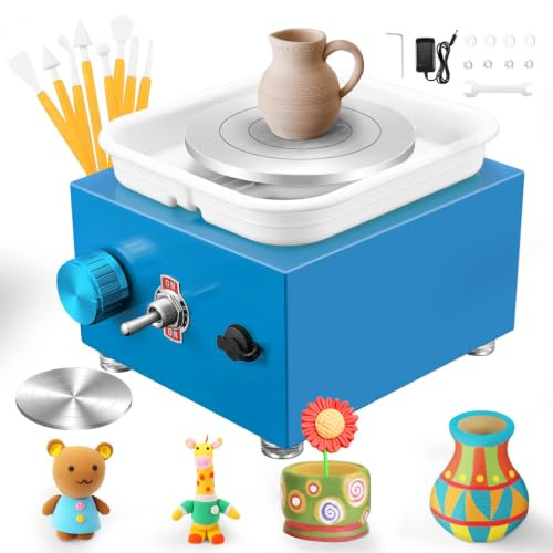 Mini Pottery Wheel, Adjustable 2000 RPM Potters Wheel with Powerful Motor, 10cm & 6.5cm Turntables & Sculpting Tools, Ceramic Pottery Kit for Kids and Adults