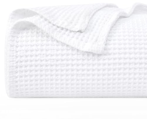 PHF 100% Cotton Waffle Weave Blanket Double Size 150 x 200cm, Pre-Washed Lightweight Breathable Throw Blanket, Oeko-TEX Certified for Bed Sofa, Home Decor, White