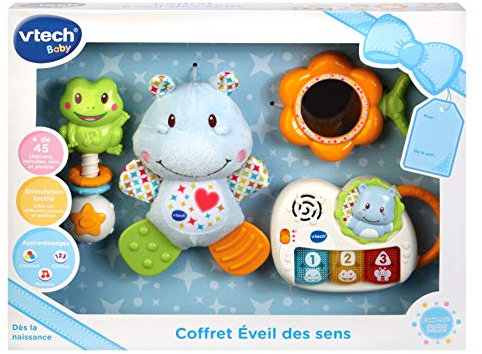 VTech - Coffret Naissance Éveil des Sens Bleu, Premiers Jouets Bébé, Doudou Hippo en Peluche, Piano Lumineux et Interactif, Hochets Grenouille et Miroir, Cadeau Nouveau-Né - Contenu en Français