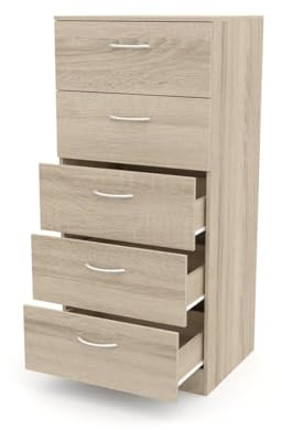 DORMIDAN- Sinfonier 5 cajones guías metálicas, cómoda Dormitorio, Altura 110cm. (Roble)